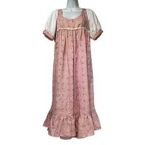 Vintage Pink Prairie Cottagecore Maxi Dress Floral Puff Sleeve Lace Handmade